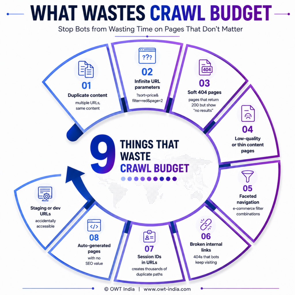 Core Web Vitals, Indexing & Crawl Budget 1 Infographic showing 9 common issues that waste crawl budget, including duplicate content, broken links, soft 404 pages, faceted navigation, and infinite URL parameters.