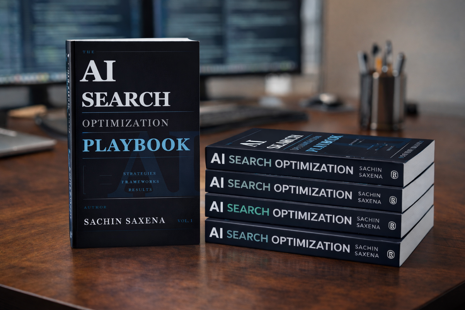 AI Search Optimization Playbook books stacked on office desk by Sachin Saxena