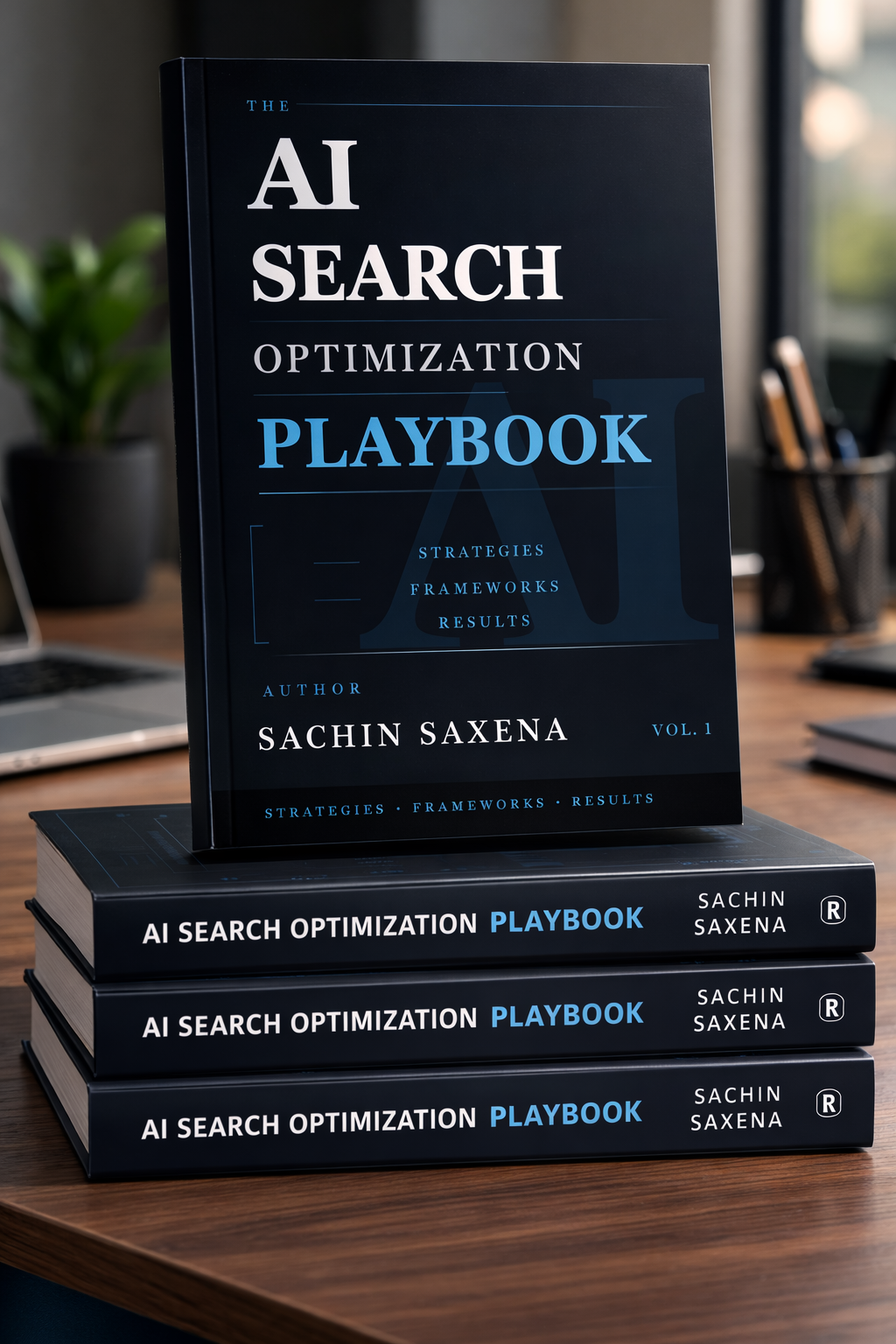 AI Search Optimization Playbook book standing with stack of copies