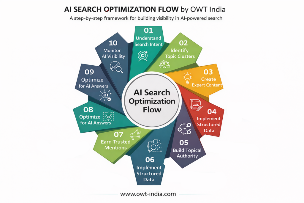 AI Search Optimization Flow infographic showing the 10 step framework for improving AI search visibility and digital authority