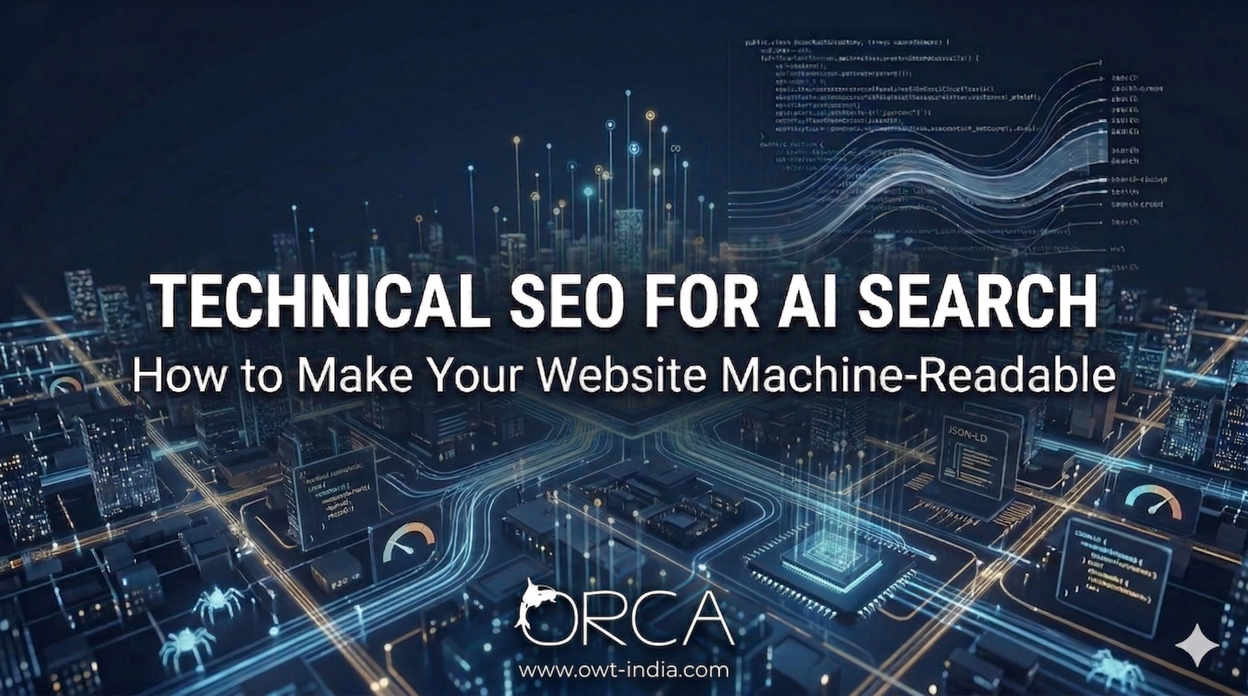 Technical SEO for AI search blog thumbnail showing machine-readable website structure and AI optimization concepts