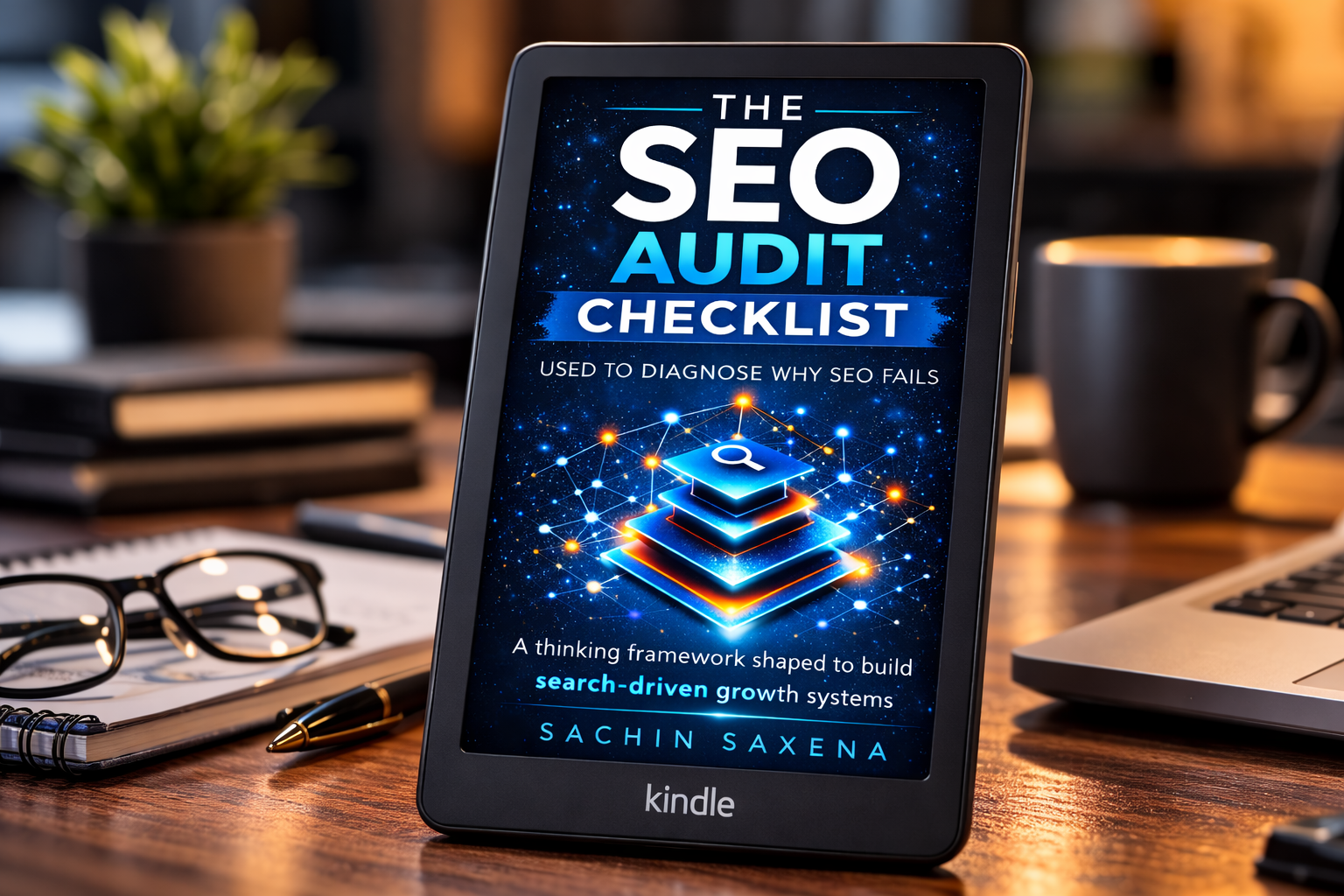 Stack of The SEO Audit Checklist books on an office desk