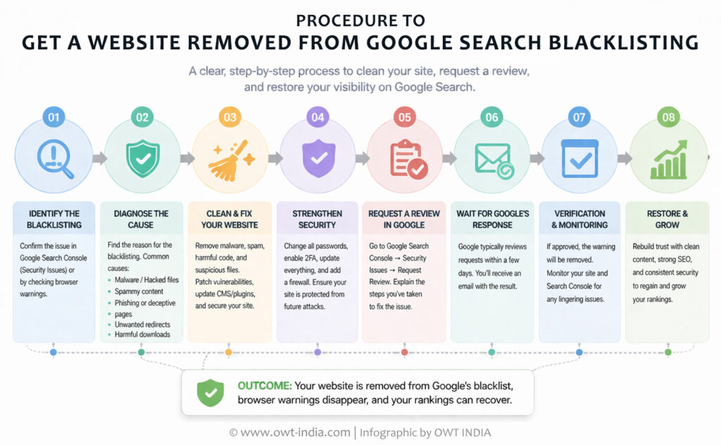 step-by-step procedure to remove a website from Google blacklist using SEO cleanup and reconsideration request