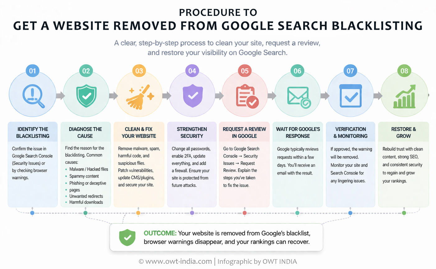 step-by-step procedure to remove a website from Google blacklist using SEO cleanup and reconsideration request