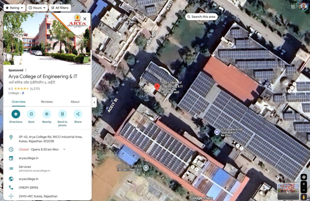 Recovered Google Business Profile listing of Arya College showing restored ownership and local search visibility