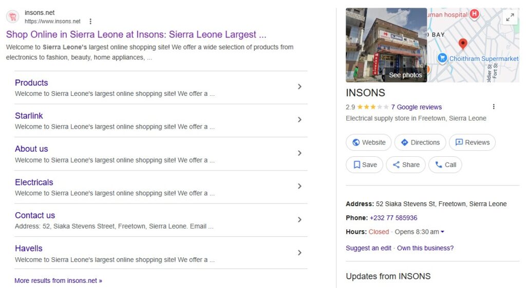 Insons Inc website appearing in Google search results showing ecommerce listing and visibility after payment system integration