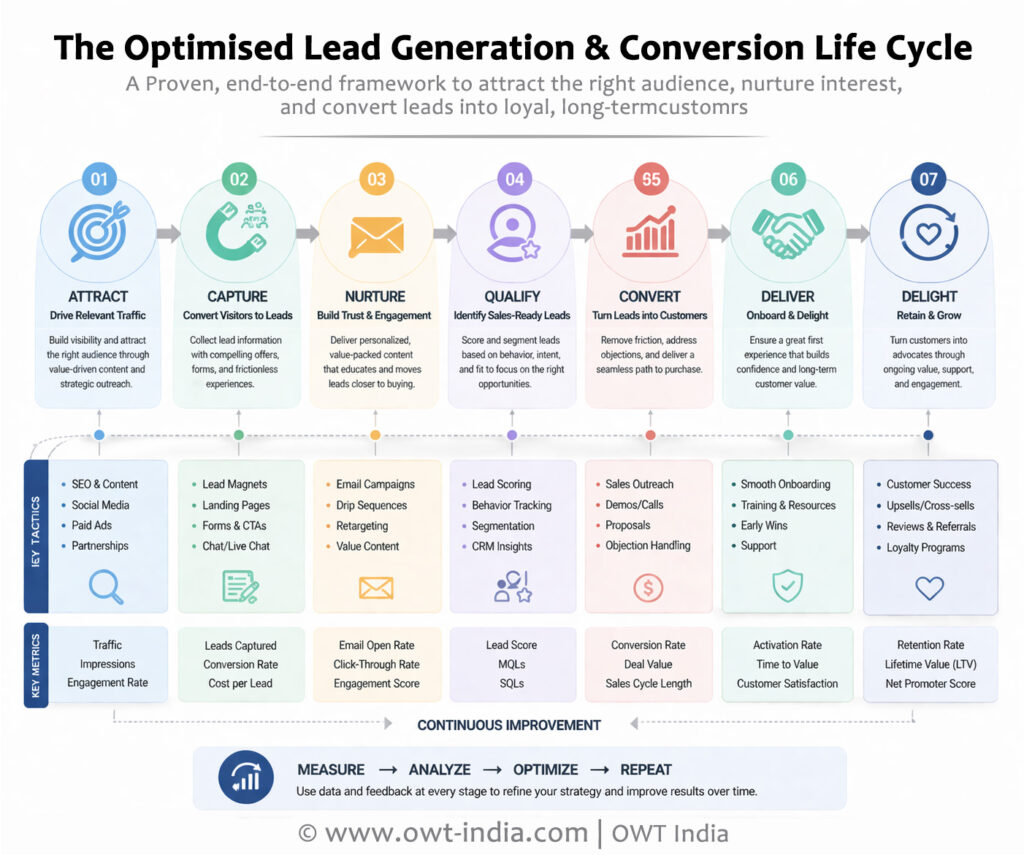 optimized lead generation and conversion life cycle infographic showing funnel stages from lead capture to conversion
