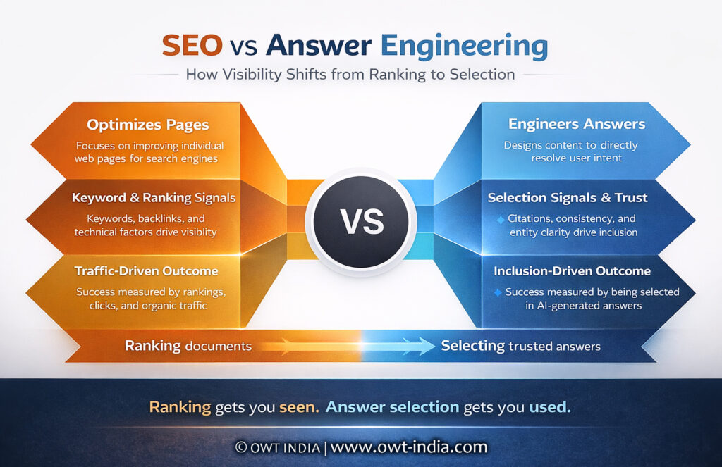 Infographic comparing SEO and answer engineering showing ranking signals versus selection signals in AI search