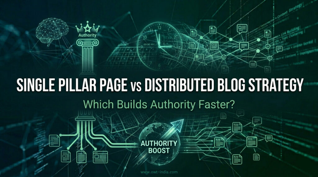 pillar page vs distributed content strategy showing single page depth vs interconnected content cluster