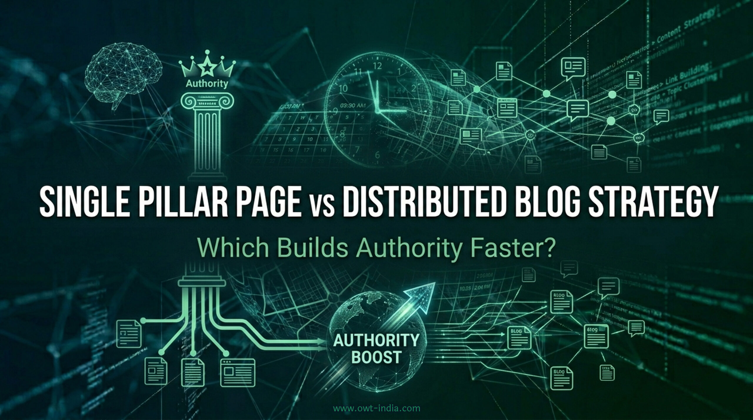 pillar page vs distributed content strategy showing single page depth vs interconnected content cluster
