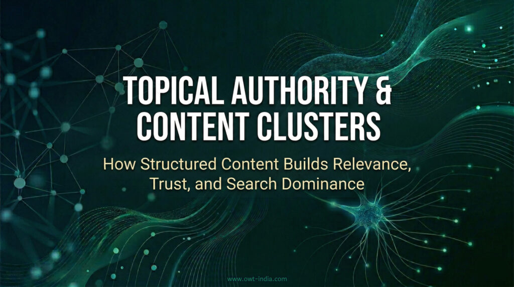 topical authority and content clusters showing interconnected topics and structured SEO content system