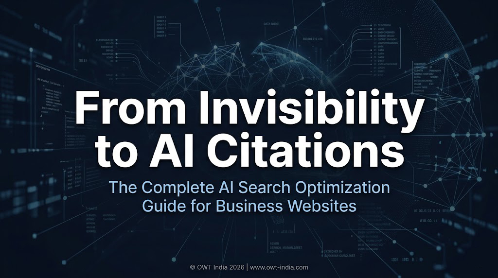 Homepage 3 Featured image for the complete AI search optimization guide for business websites — covering all 12 steps from entity foundation and schema markup to content strategy, local AI search, and citation monitoring