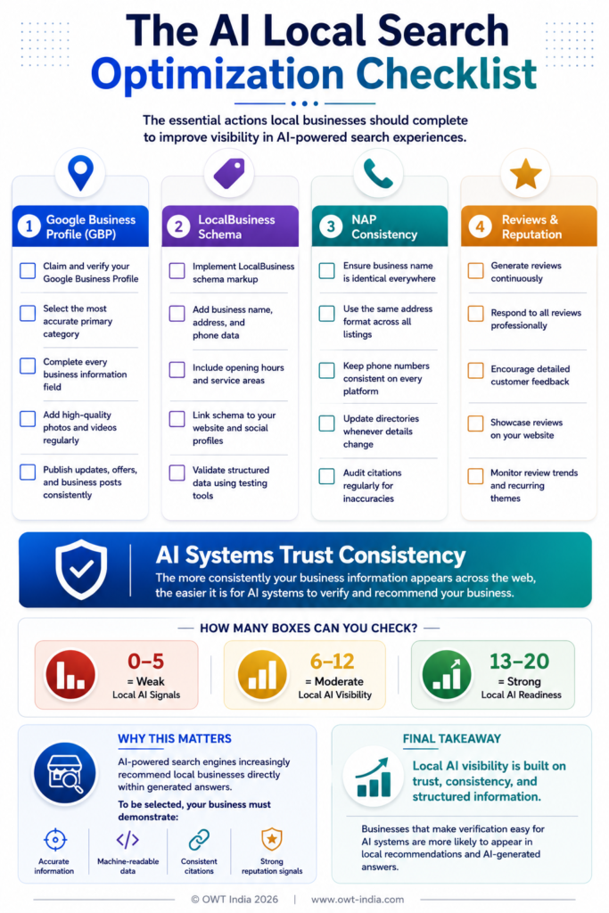 From Invisibility to AI Citations 8 Infographic checklist for AI local search optimization covering four areas — Google Business Profile completion, LocalBusiness schema, NAP consistency, and review strategy — with actionable checklist items in each column