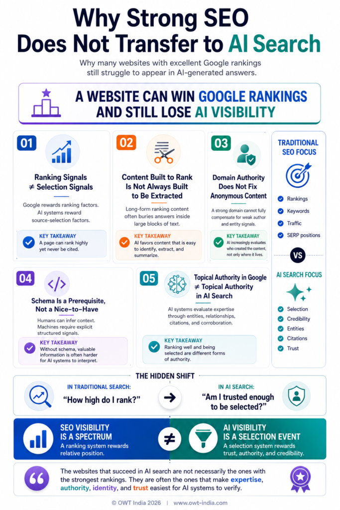 Infographic showing five reasons why strong traditional SEO does not automatically transfer to AI search visibility — covering ranking signals versus selection signals, content structure, anonymous content, schema markup, and topical authority differences