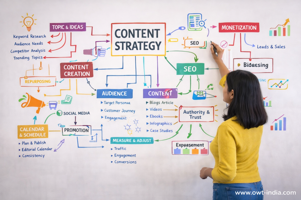 Content strategist developing authority-building content strategy on large whiteboard with topic clusters SEO workflow and content distribution planning