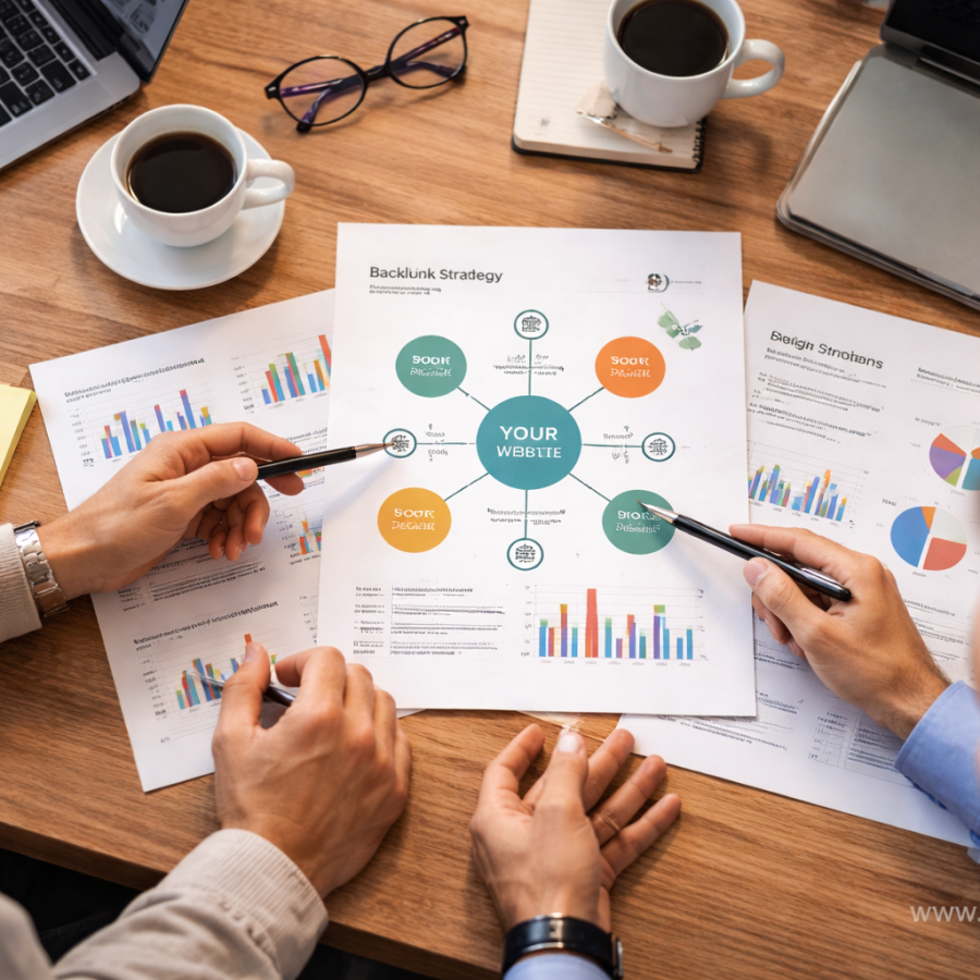 Team reviewing backlink strategy and authority signals with link building charts on office meeting table