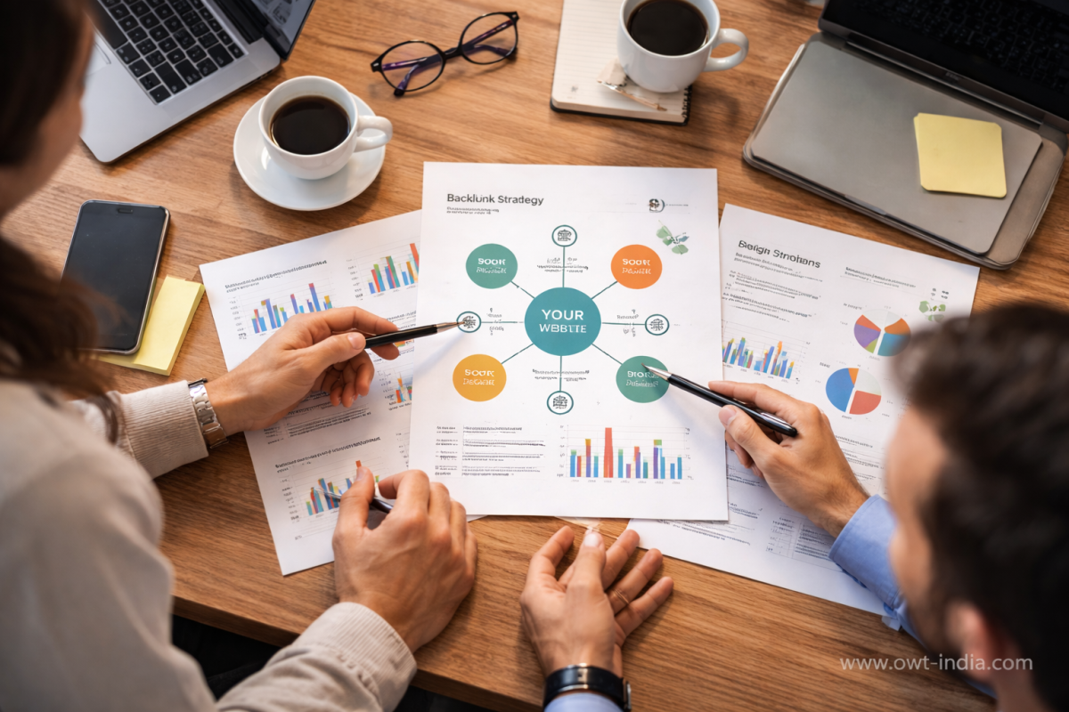 Team reviewing backlink strategy and authority signals with link building charts on office meeting table