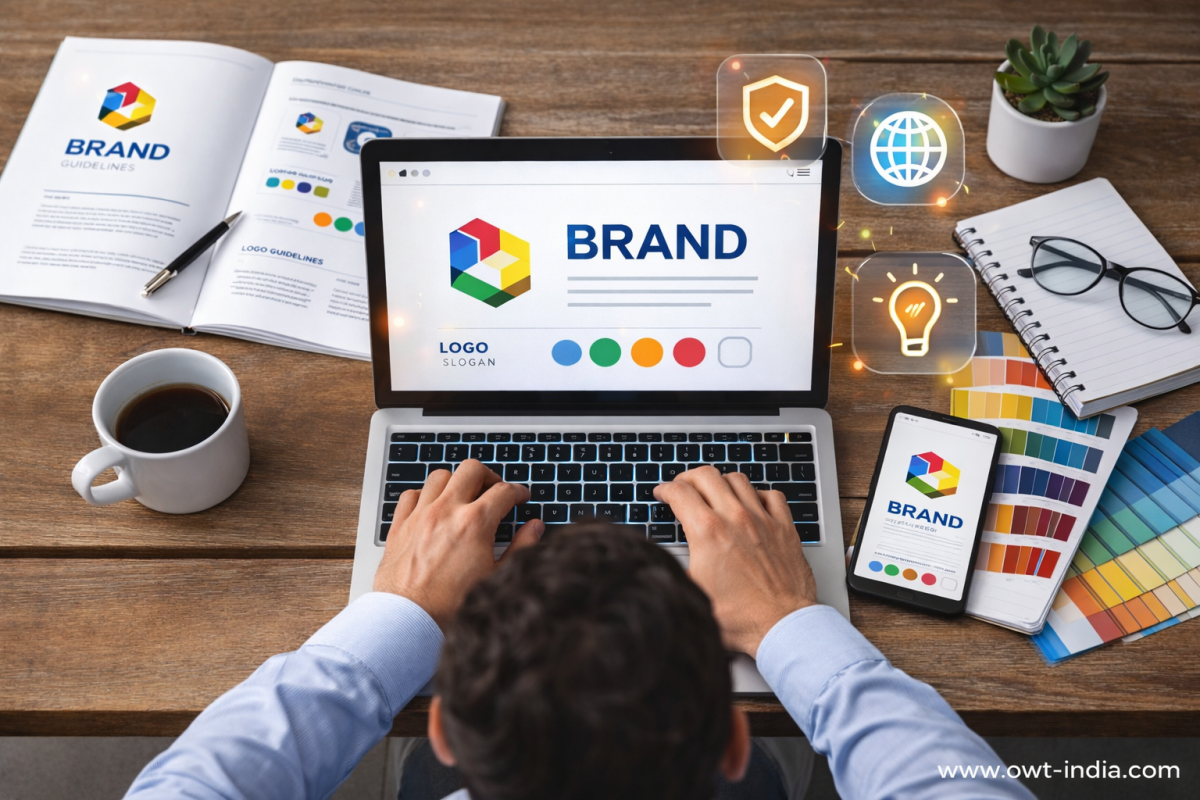 Brand strategist designing brand identity guidelines, logo colors, and digital brand assets on laptop with brand book and color palette