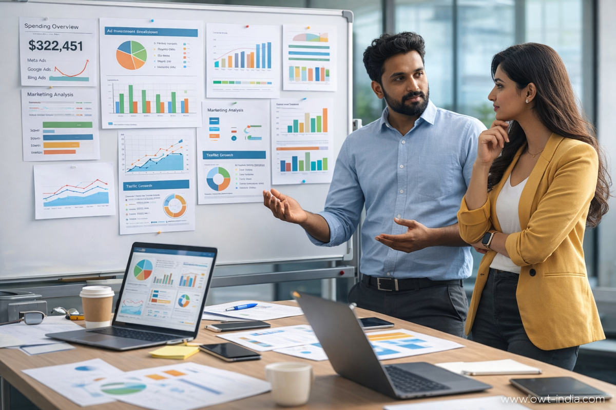 Marketing team analyzing campaign data charts and advertising spend reports during performance marketing strategy meeting