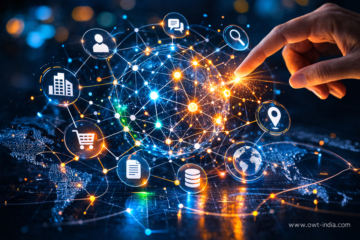 Visual representation of entity relationships and knowledge graph connections used for SEO and AI optimization