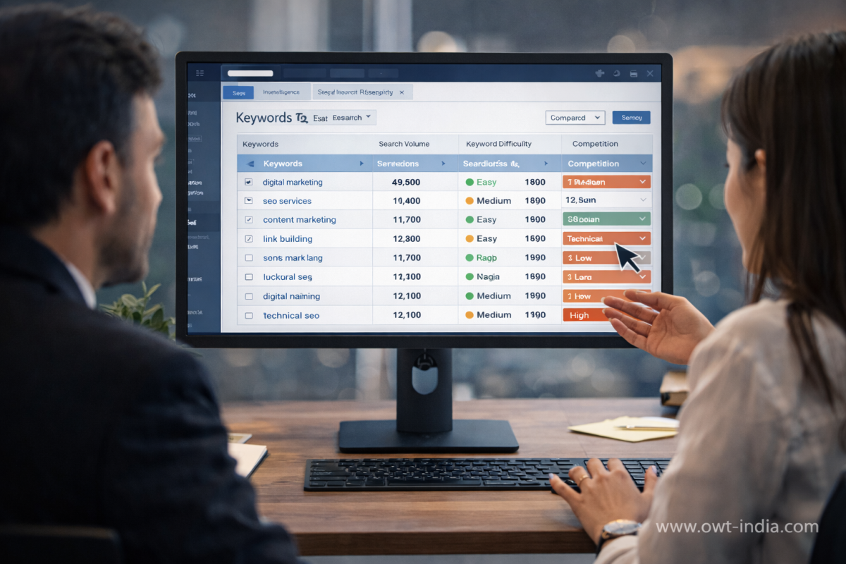 Team analyzing keyword research data and search intent metrics on desktop screen during SEO strategy discussion