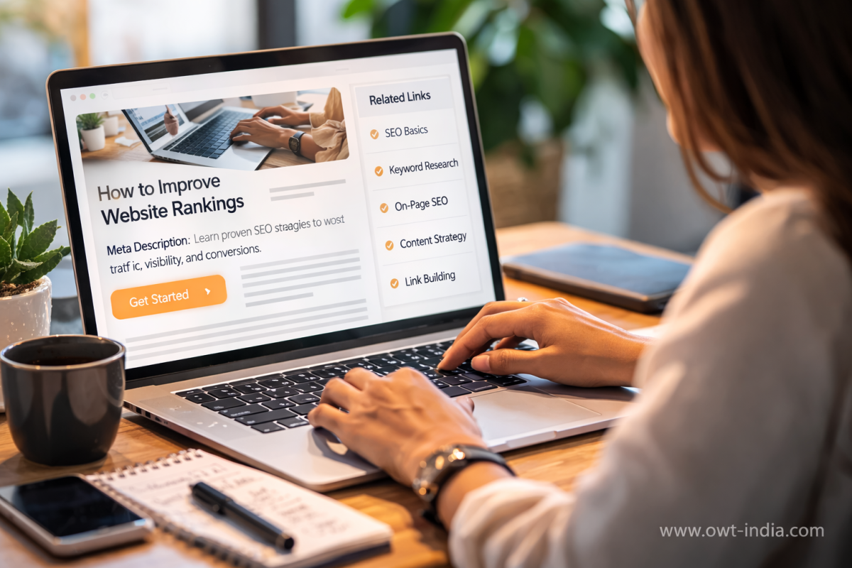 Female employee working on laptop optimizing webpage headings content structure and internal links for on-page SEO