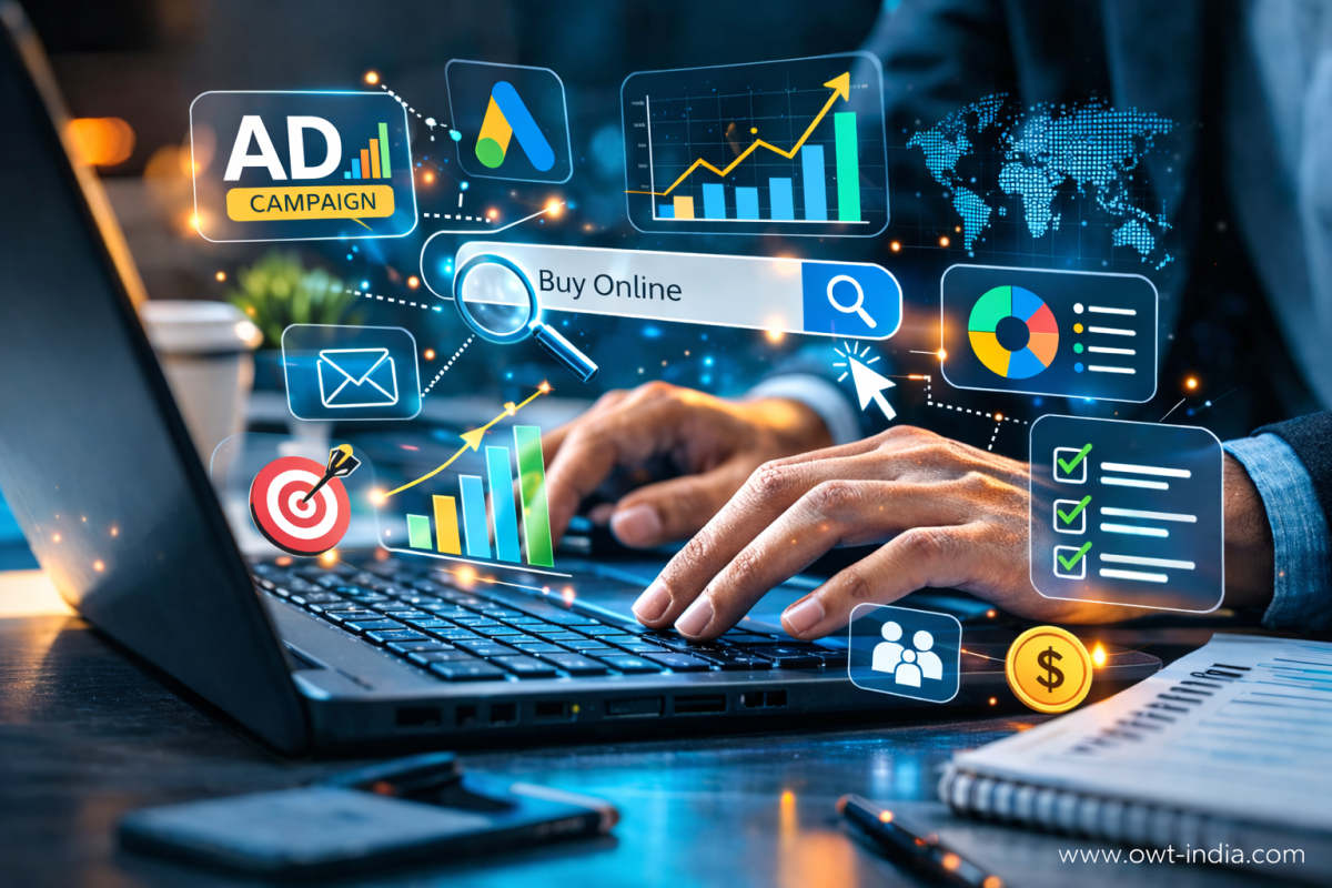 Digital advertising dashboard showing paid search campaigns, keyword targeting, and traffic analytics on laptop for performance marketing strategy