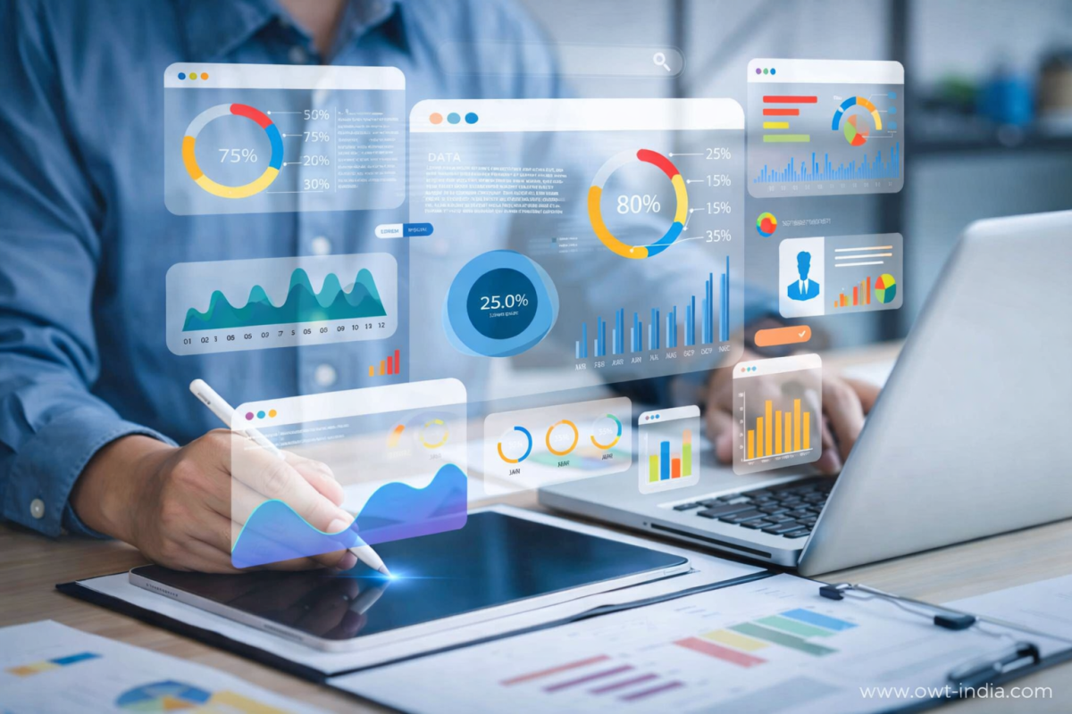 Digital marketing analytics dashboard showing campaign performance charts, conversion metrics, and optimization insights on laptop and tablet