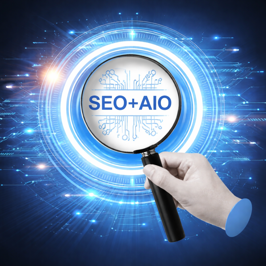 SEO and AI Optimization (AIO) concept showing search analysis with magnifying glass
