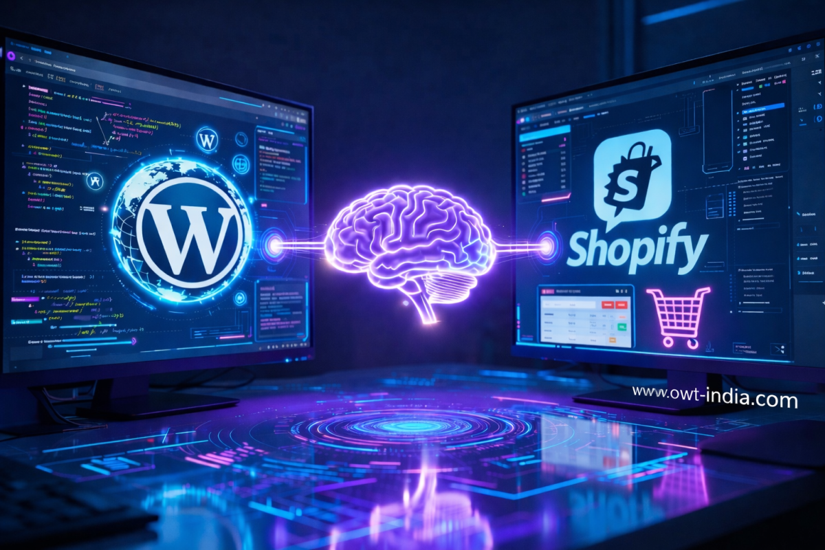 SEO and AIO optimized implementation for WordPress and Shopify websites showing intelligent integration of search optimization and ecommerce development.