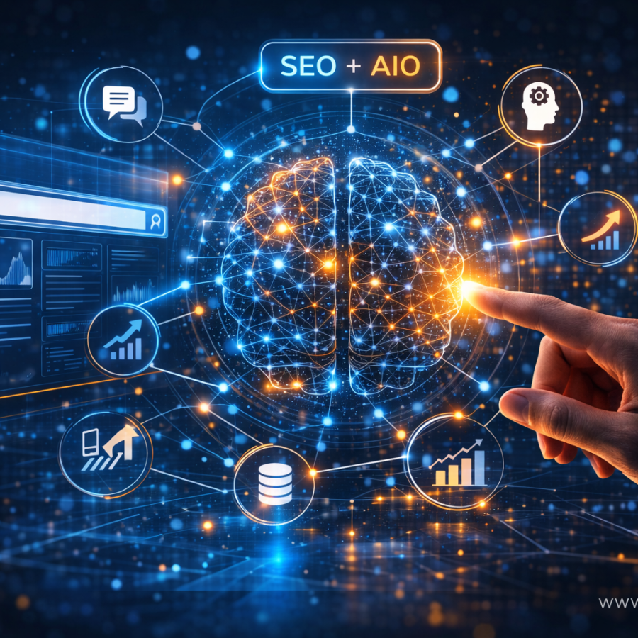 Visual representation of integrated SEO and AI optimization framework improving search visibility and AI discovery