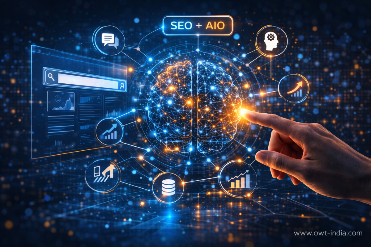 Visual representation of integrated SEO and AI optimization framework improving search visibility and AI discovery