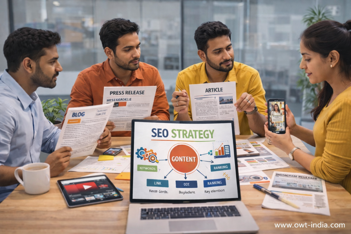 Digital marketing content team reviewing blogs articles press releases infographics and video content to align content quality and intent with SEO strategy