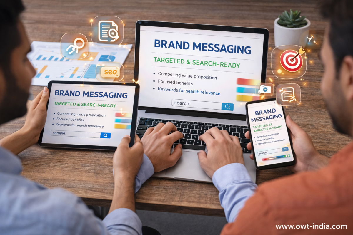 Marketing professionals creating search-ready brand messaging across laptop tablet and mobile devices with SEO and keyword strategy