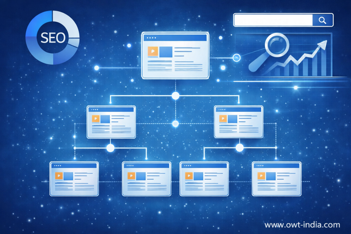 Search-ready website architecture for WordPress and Shopify showing structured page hierarchy and internal linking optimized for SEO and AI search visibility.