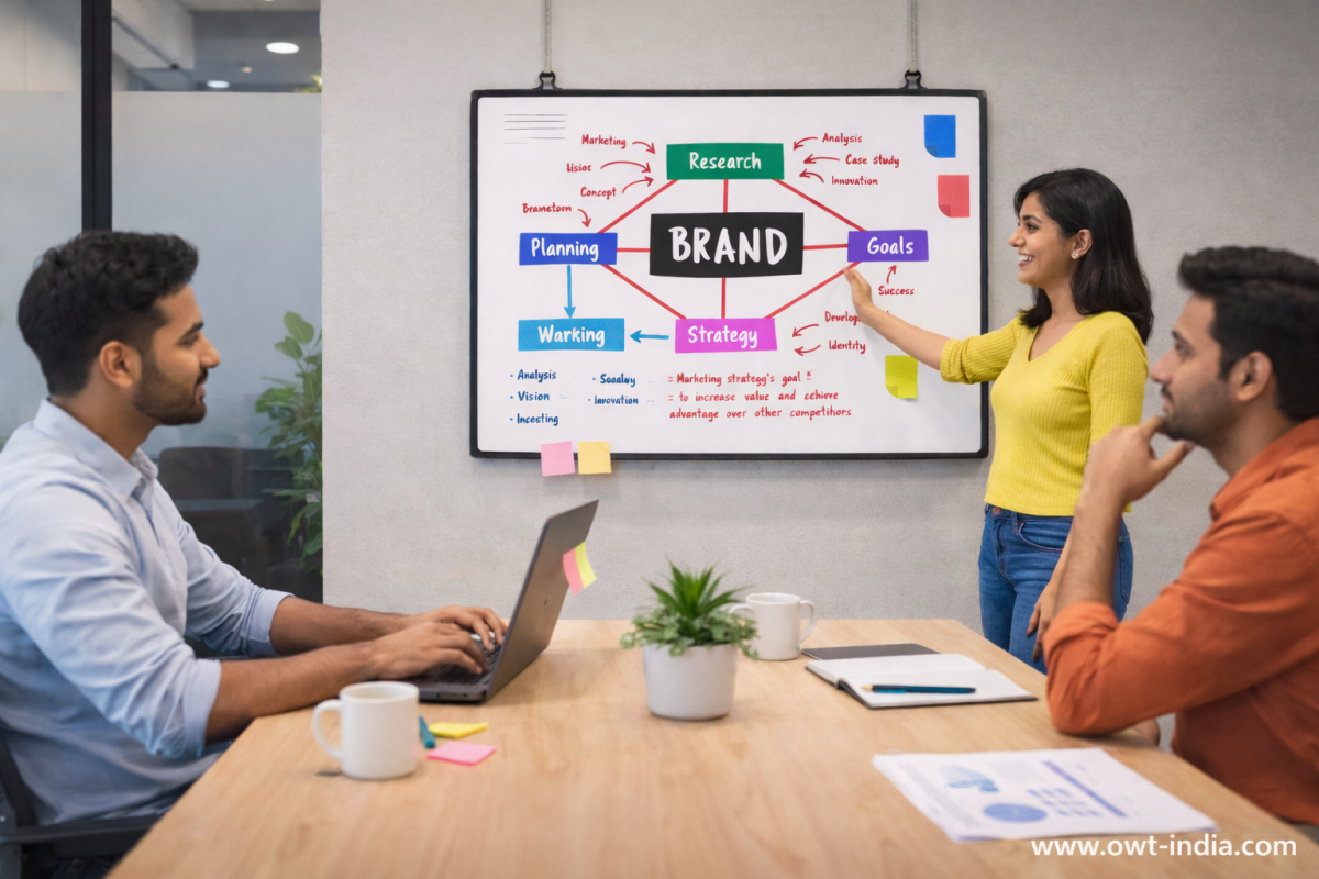 Startup team discussing brand positioning strategy on whiteboard showing brand research planning goals and strategy framework