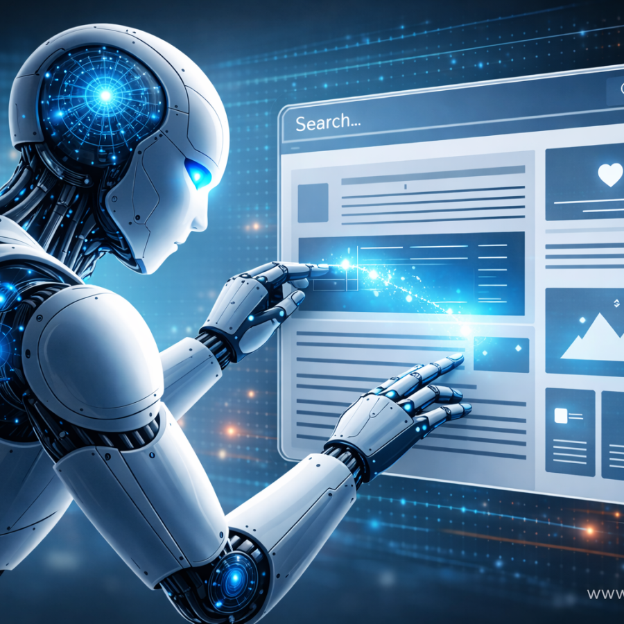 AI robot analyzing structured website content and page elements for search indexing and AI understanding