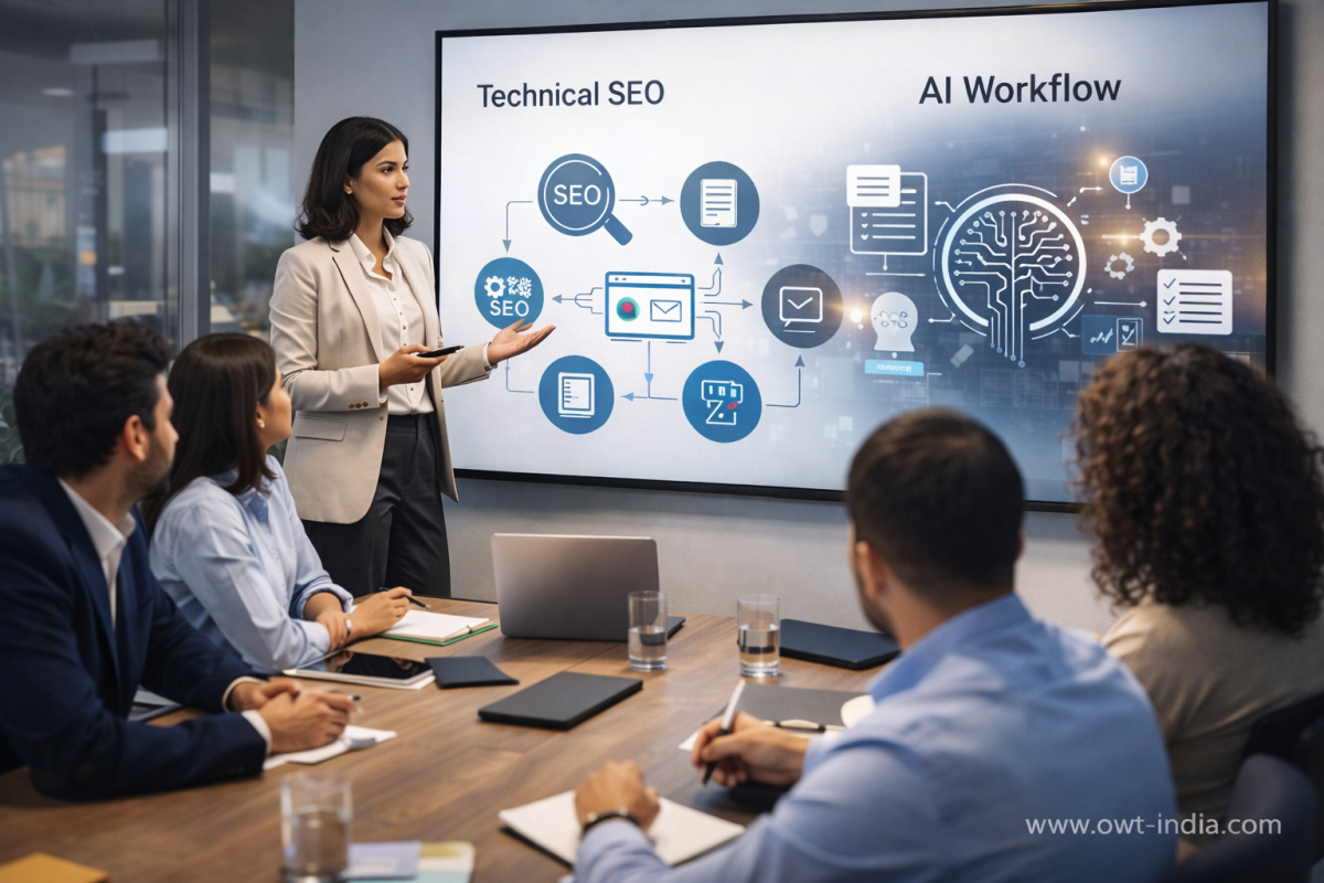 Team meeting discussing technical SEO and AI optimization workflows on large screen in office