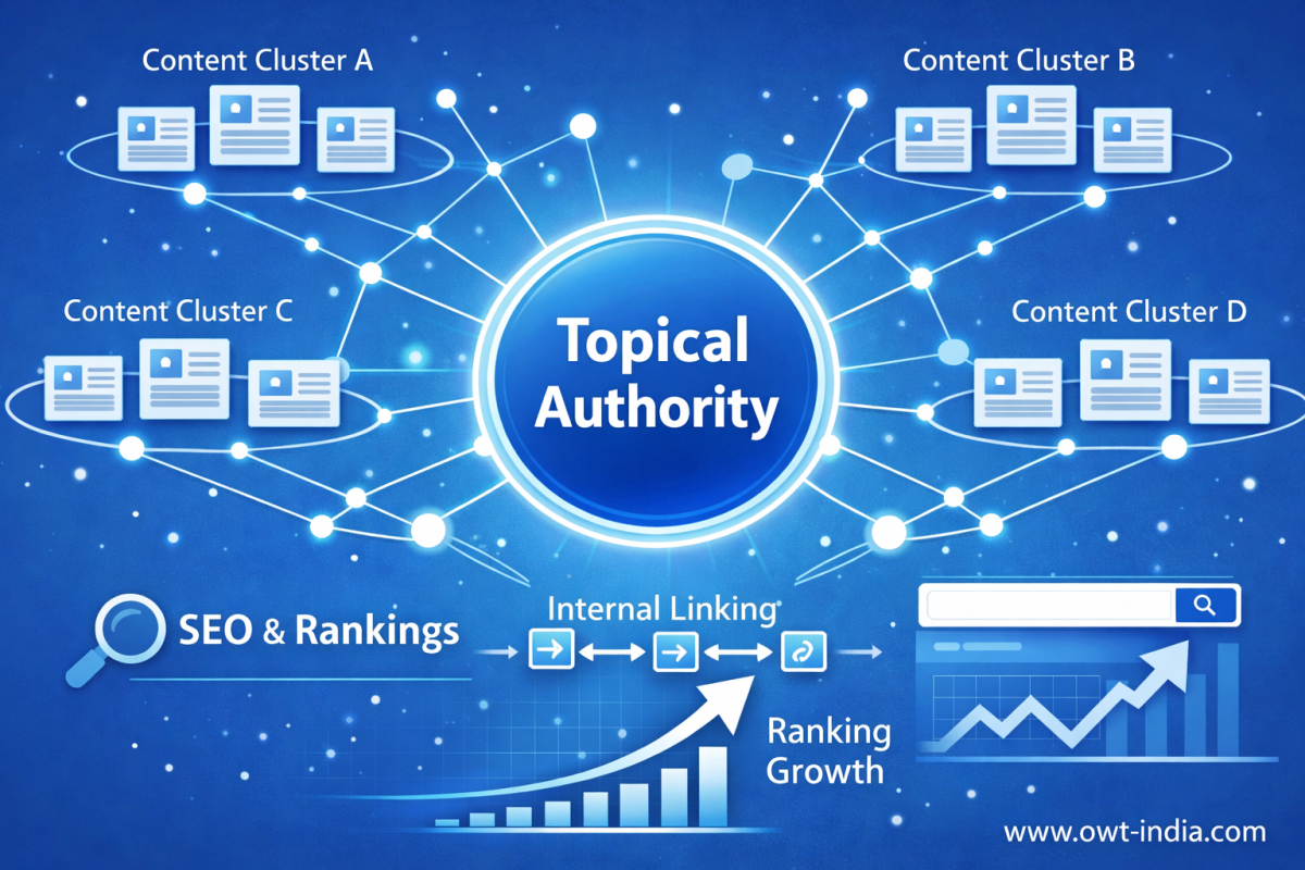 Topical authority content framework showing interconnected content clusters and internal linking structure used to improve SEO rankings and website authority