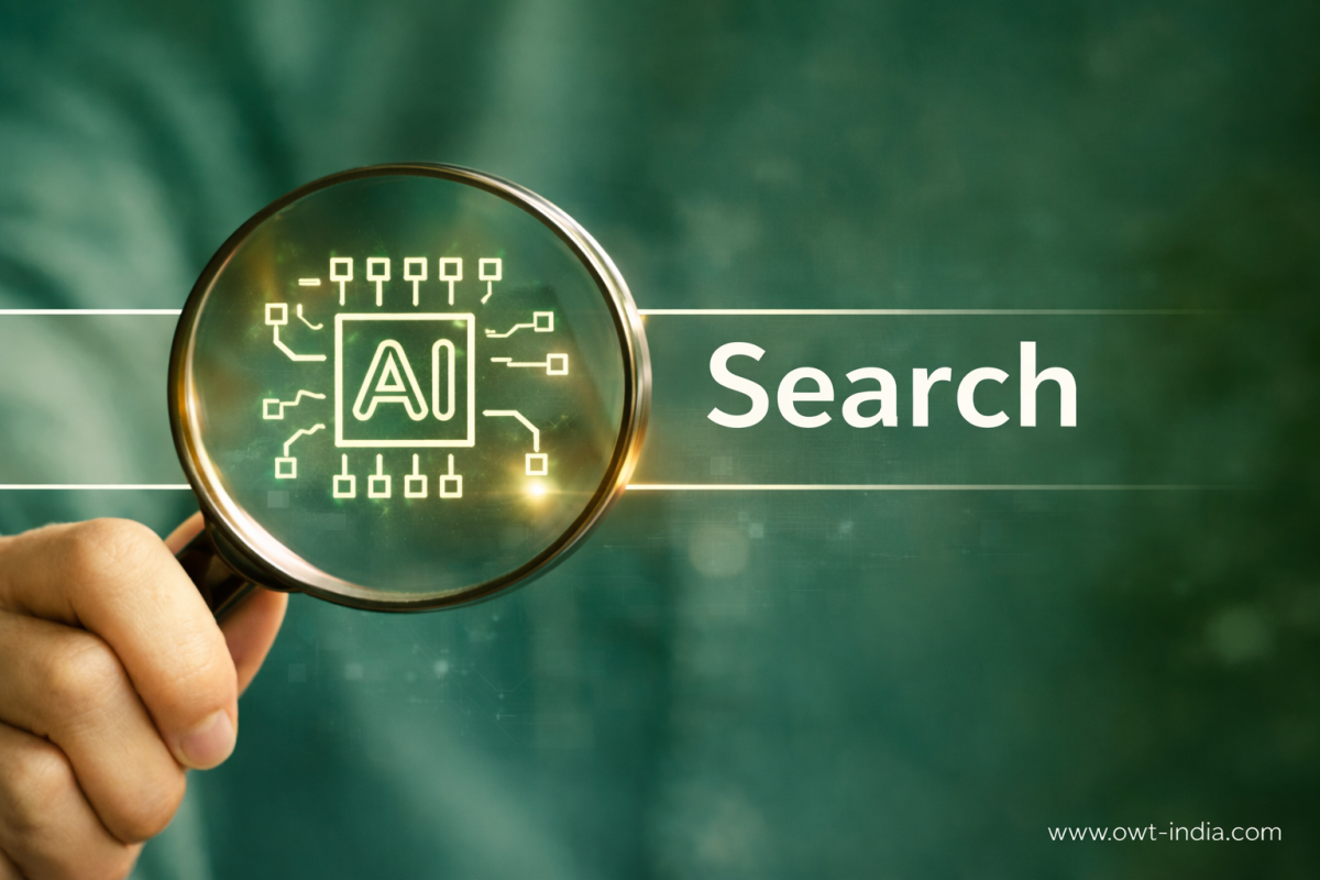Magnifying glass highlighting AI chip representing AI-driven search visibility and discovery optimization