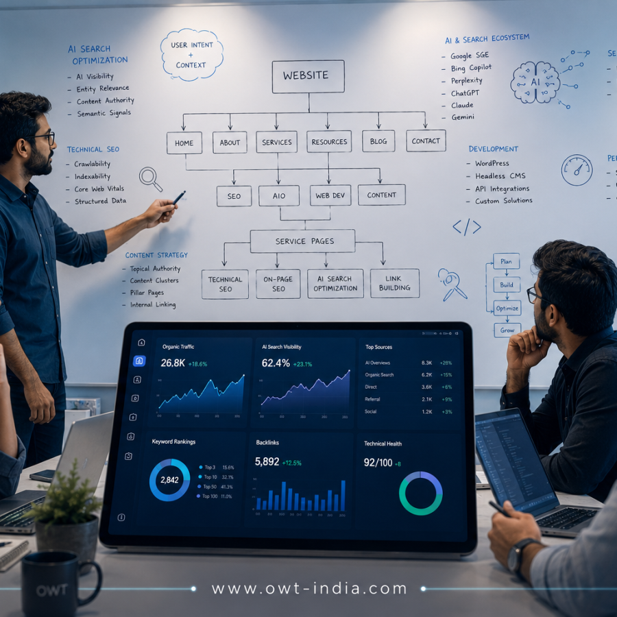 Team meeting at OWT India discussing AI Search Optimization, website architecture, technical SEO, and analytics strategy in a modern web development office.