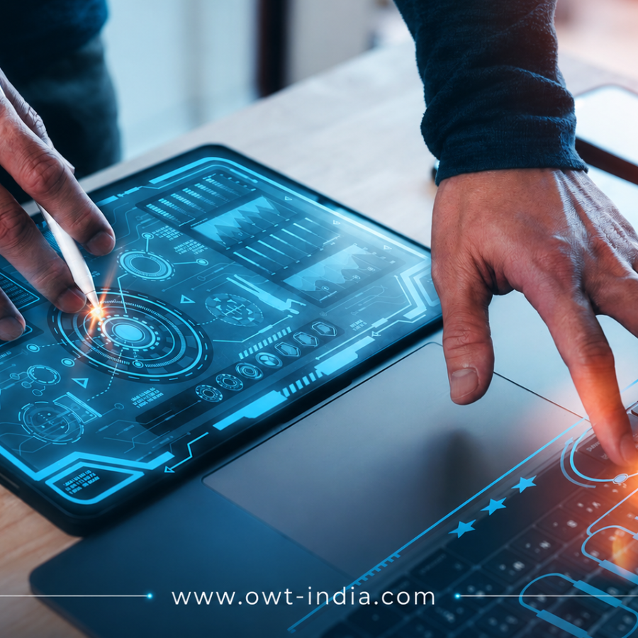 Close-up futuristic digital workspace showing AI-powered analytics dashboard, interactive web technology interfaces, and advanced digital strategy tools at OWT India.